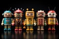 Vintage tin toy robots on wooden background. Royalty Free Stock Photo