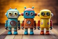 Vintage tin toy robots on wooden background. Royalty Free Stock Photo