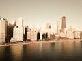 Filtered image top view Chicago skyscrapers from Michigan lake with morning autumn light Royalty Free Stock Photo