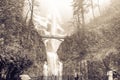 Vintage tone main lookout of icy Multnomah Falls Oregon in wintertime Royalty Free Stock Photo