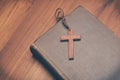 Vintage tone of wooden Christian cross necklace on holy Bible Royalty Free Stock Photo