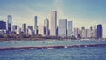 Vintage toned Chicago waterfront and city skyline, USA.