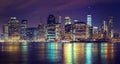Vintage toned Manhattan skyline at night. Royalty Free Stock Photo