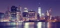 Vintage toned New York City at night panoramic picture. Royalty Free Stock Photo