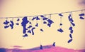 Vintage toned silhouettes of shoes hanging on cable. Royalty Free Stock Photo