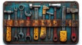 A vintage tool set with wrenches, hammers, and a screwdriver, arranged on a weathered metal surface Royalty Free Stock Photo