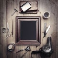 Vintage tools of a barber with picture frame