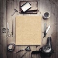 Vintage tools of barber shop with blank kraft canvas