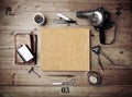 Vintage tools of barber shop with blank kraft poster Royalty Free Stock Photo