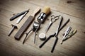 Vintage tools of barber shop on wood desk Royalty Free Stock Photo