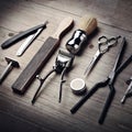 Vintage tools of a barber on wood desk Royalty Free Stock Photo