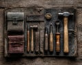 Vintage Tools on Brown Leather Case: Dark Wood Background Royalty Free Stock Photo