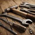 Of vintage tools on a rustic wooden surface. Includes a metal Royalty Free Stock Photo