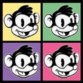 Vintage toons. images of retro cartoon character smiley monkey on four different colorful background