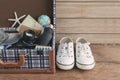 Vintage tourist luggage with clothes, accessories Royalty Free Stock Photo