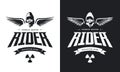 Vintage toxic rider in gas mask black and white isolated vector logo.