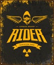 Vintage toxic rider in gas mask vector logo on dark background.