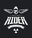 Vintage toxic rider in gas mask vector logo isolated on dark background.