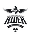 Vintage toxic rider in gas mask vector logo isolated on white background.