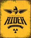 Vintage toxic rider in gas mask vector logo on yellow background.