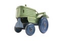 Vintage toy green metal tractor with blue wheels on white isolated background Royalty Free Stock Photo