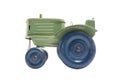 Vintage toy green metal tractor with blue wheels on white isolated background Royalty Free Stock Photo
