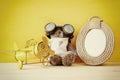 vintage toy plane and cute teddy bear next to empty frame Royalty Free Stock Photo