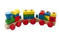 Vintage toy train model made of blocks in many shapes isolated on white background with a clipping path cutout concept for Royalty Free Stock Photo