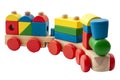 Vintage toy train model made of blocks in many shapes isolated on white background with a clipping path cutout concept for Royalty Free Stock Photo