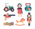 Vintage toys. happy childhood decorative funny items blocks soldier dolls and machine. vector retro collection