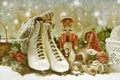 Vintage toys and old skates on window sill for christmas Royalty Free Stock Photo