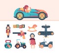 Vintage toys. tractor aircraft wooden cubes soldiers doll machine guns retro funny toys for kids. vector colored set Royalty Free Stock Photo