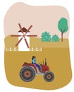 A vintage tractor and woman driver in a summer village for design, an agricultural vector stock illustration as an eco production