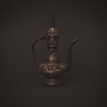 Vintage traditional islamic oriental engraved pitcher handmade on dark background. Elegant arabian antique tall metal jug