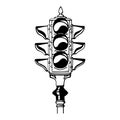 Vintage traffic light semaphore hand drawn outline icon. Spotlight, crossroads, city traffic regulation. Vector sketch