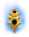 Vintage traffic light with yellow WAIT light on white vignette Royalty Free Stock Photo