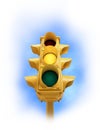 Vintage traffic light with yellow light on white background Royalty Free Stock Photo