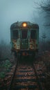 Vintage Train Car Waiting on Foggy Tracks at Dawn The steel blurs with the mist Royalty Free Stock Photo