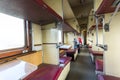 Vintage train interior with sleeping car seats Royalty Free Stock Photo