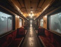 Vintage train interior symmetrical view down the aisle soft lighting Royalty Free Stock Photo