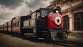 A vintage train with a retro style emblem on its front. The train is black and red, and the emblem of a lone star Royalty Free Stock Photo