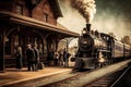 vintage train station, with steam engine and passengers boarding for trip to the past