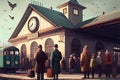 vintage train station, with travelers waiting for the next departure or just getting off their train Royalty Free Stock Photo