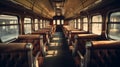 Vintage train wagon with old-fashioned seats for passenger. Generative AI Royalty Free Stock Photo