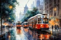 tram in the city on a rainy day, watercolor drawing