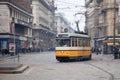 Vintage tram on the city street with motion blur
