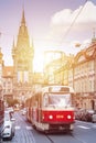 . Vintage tram in old street of Prague