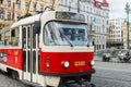 The vintage tram Tatra T3M number 14 goes on old town