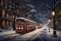 A vintage tram travels through a snowy city on Christmas night.