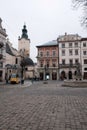 Vintage trams in the city. Central square of the city. Old Town Lviv Ukraine 15.03.2019